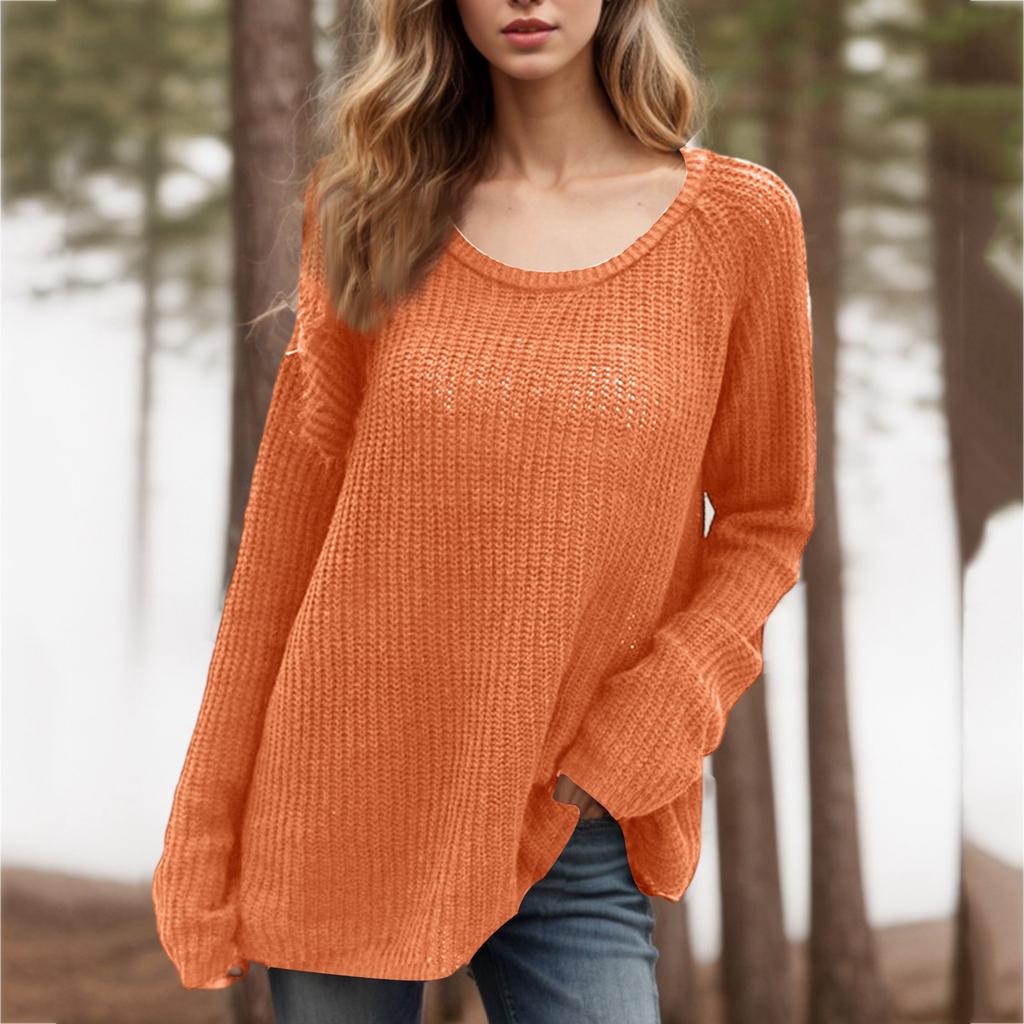 Women's Fashion Loose Lazy Style Round Neck Solid Color Long Sleeve Knitted Sweater