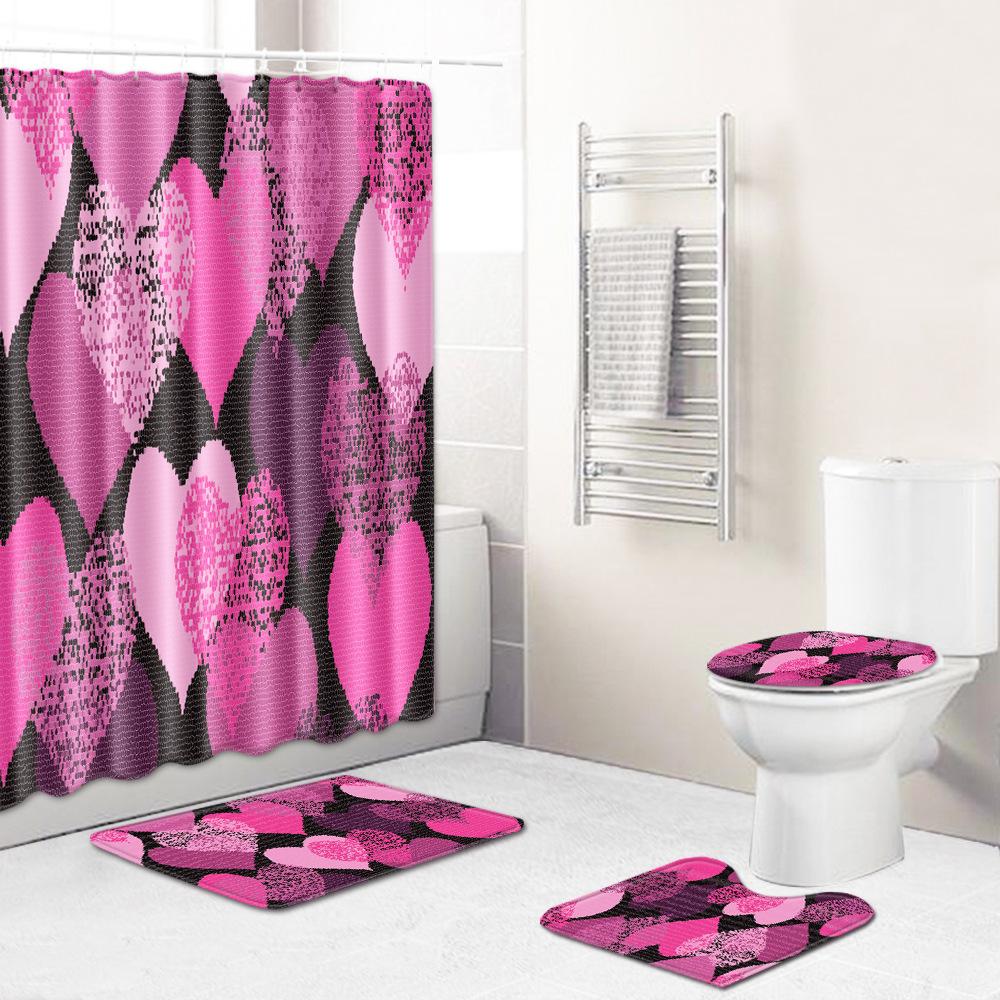 Love Valentine'S Day Shower Curtain Floor Mat Four-Piece Set Bathroom Non-Slip Door Mat Bedroom Carpet