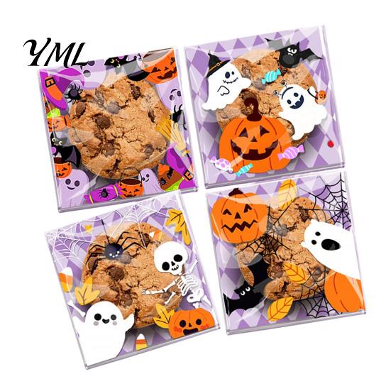 Small Plastic Bags for Treats 100 Pcs Halloween Treat Bags, Self Adhesive Seal Clear Candy Dessert Cute Cartoon Pouches Cookie Trick or Party