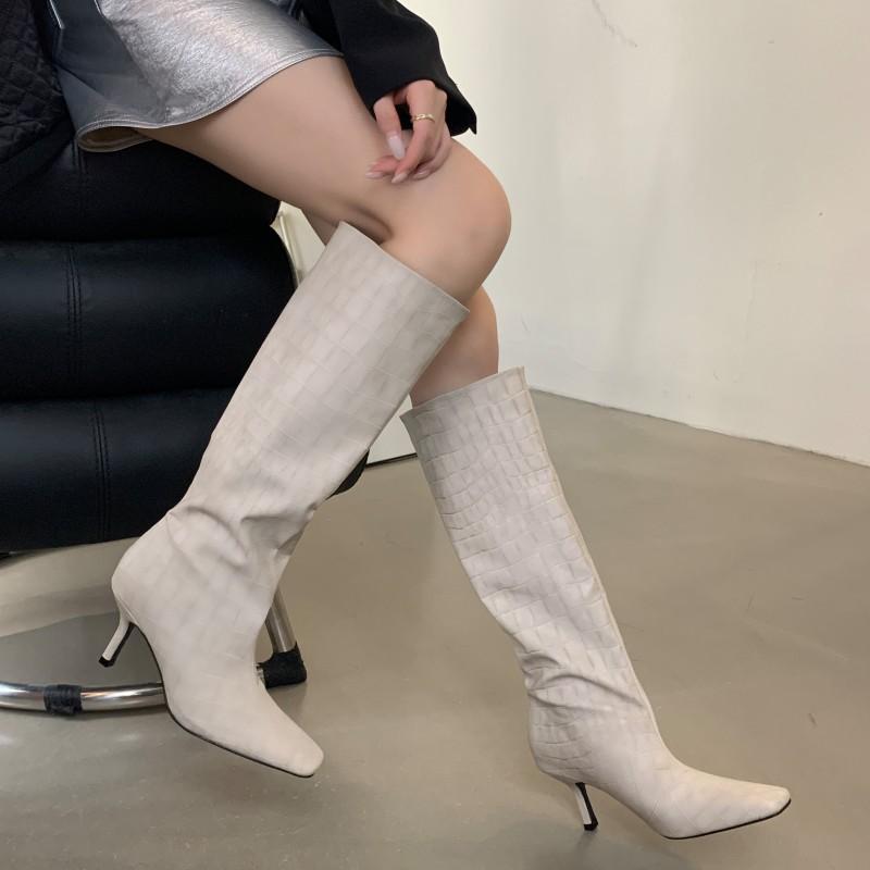 2025 new square head high-heeled white knight boots crocodile pattern high tube European and American knee-length boots