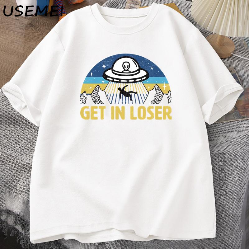 

Get in Loser Funny Alien UFO T Shirt for Men Harajuku Oversize Tees Cotton Fashion Streetwear Unisex Tops Man Clothing S белый