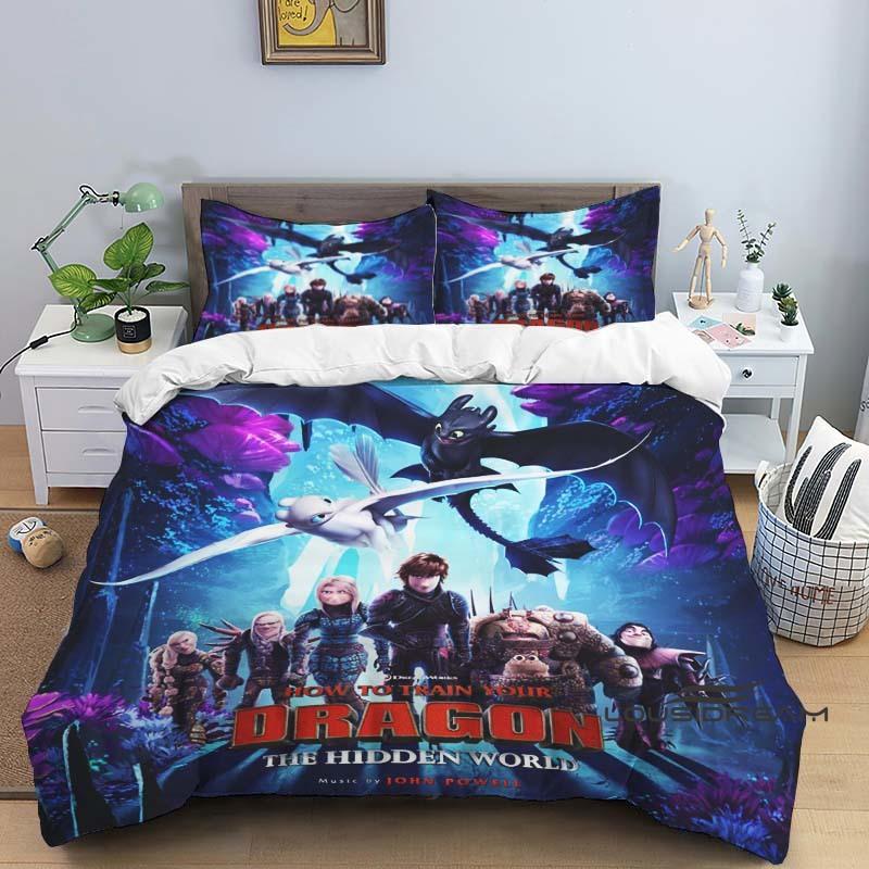 "How To Train Your Dragon" Cartoon-Print 3-Piece Bedding Set — Duvet Cover & Pillowcases (Suitable for Teens & Children — Boys &