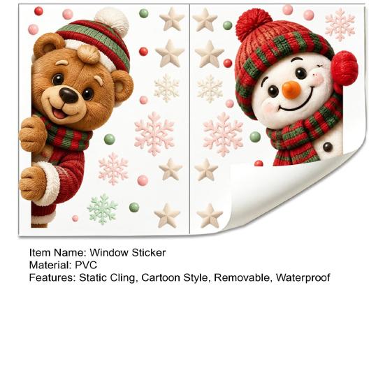 Christmas Window Clings 2Pcs Clings, Cute Bear Snowman Static Decals, 16" X Cling Decals 12" Removable Festive Stickers for Glass Doors Home