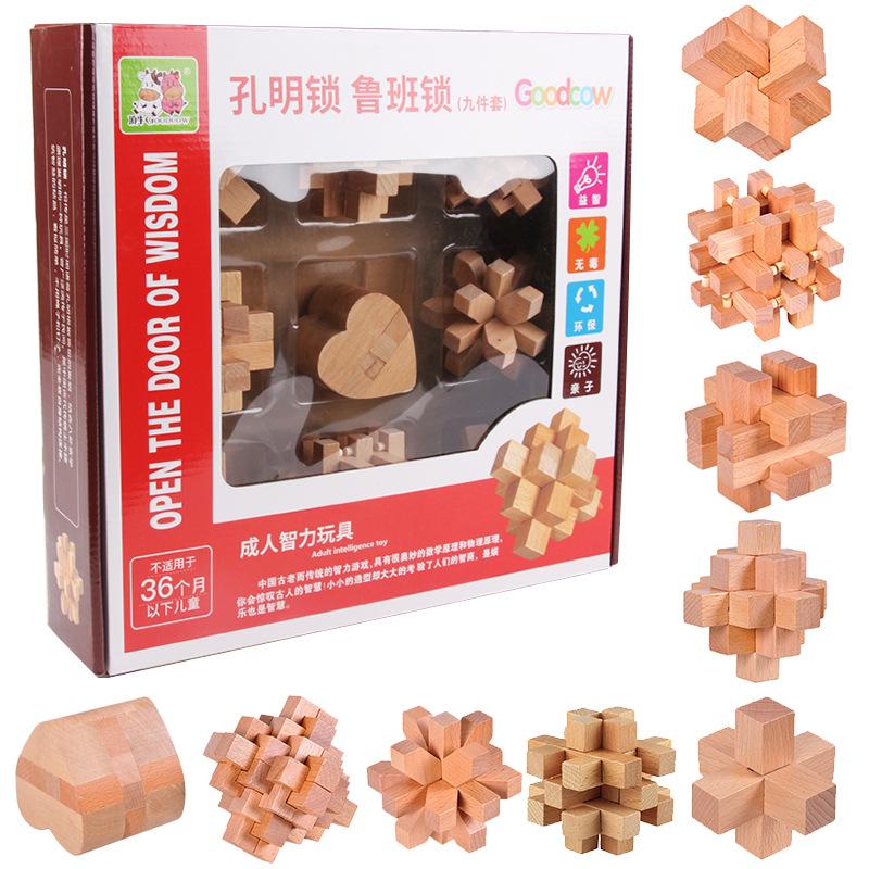 9pcs Beech Wood Kong Ming Lock Luban Lock Set Kids Educational Wooden Brain Teaser Puzzle Toys Intelligence Game GiftMX005