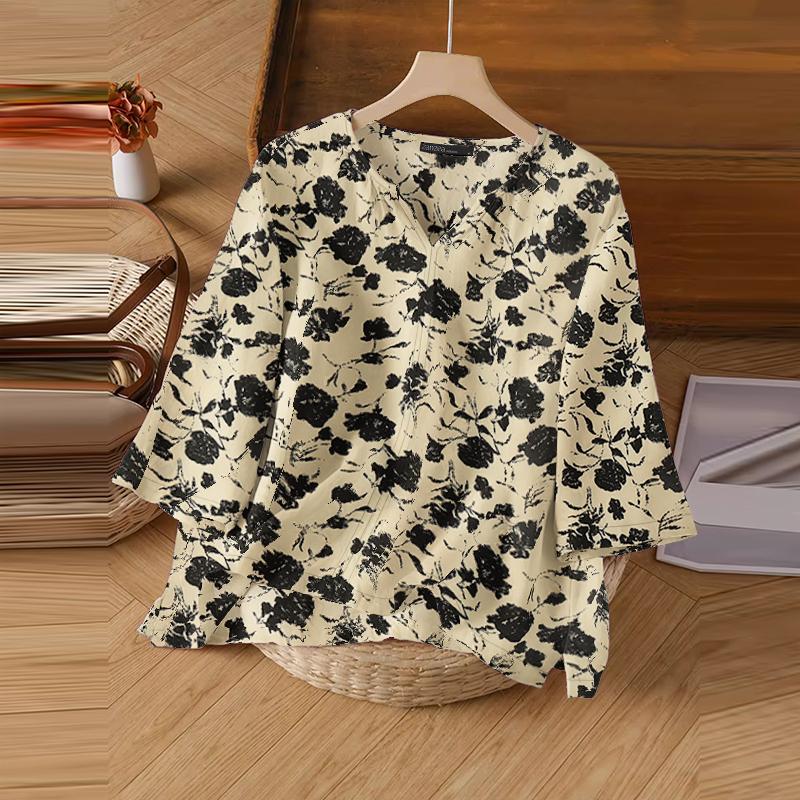 

ZANZEA Женская повседневная блузка с V-образным вырезом, свободным рукавом 3/4 и принтом 2XL абрикосовый