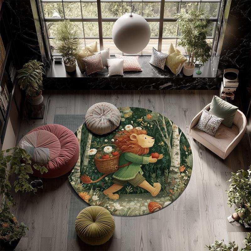 Forest Flower Basket Animals,Round Area Rug,Carpet Rug for Living Room Bedroom Sofa Playroom Decor,Non-slip Floor Mat