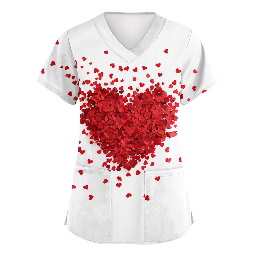Women's V,neck Valentine's Day Printed Short,sleeved Pocket Side,slit Protective Suit Top
