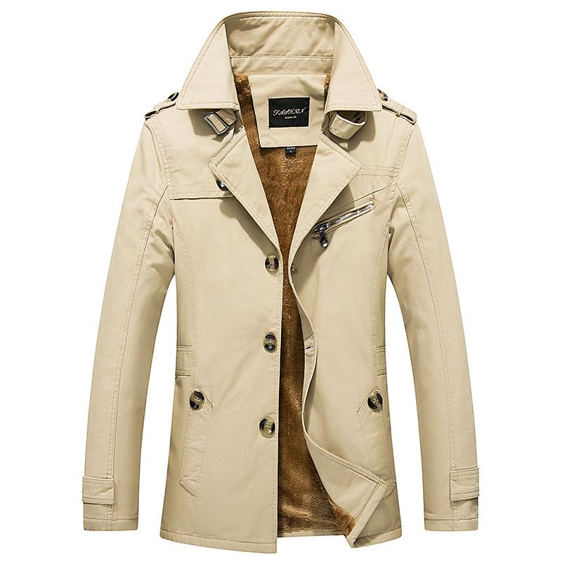 Men's Washed Cotton Fleece-Lined Mid-Length Trench Coat - Casual Autumn/Winter Outerwear