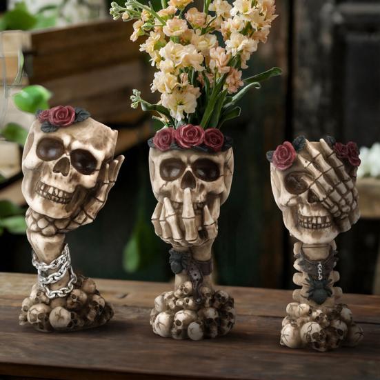 yangyizhi Hear No Evil, Speak See Evil Skull Vase, Resin Ornament with Rose Decor, Halloween Gothic Skeleton Display for Shelf Desk Altar, Horror