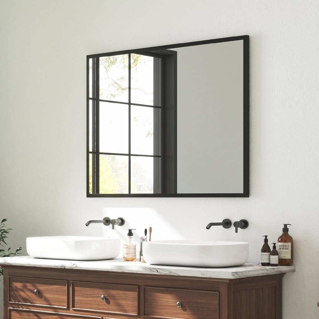 Wall Mirror, Rectangular, 76 x 101 cm, Black Wooden Frame