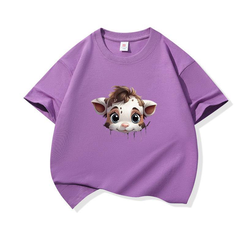 Kids Cotton T Shirt Light Spotted Baby Cow Peeking Print Crew Neck Short Sleeve Tee Casual Boys Girls Summer Tops