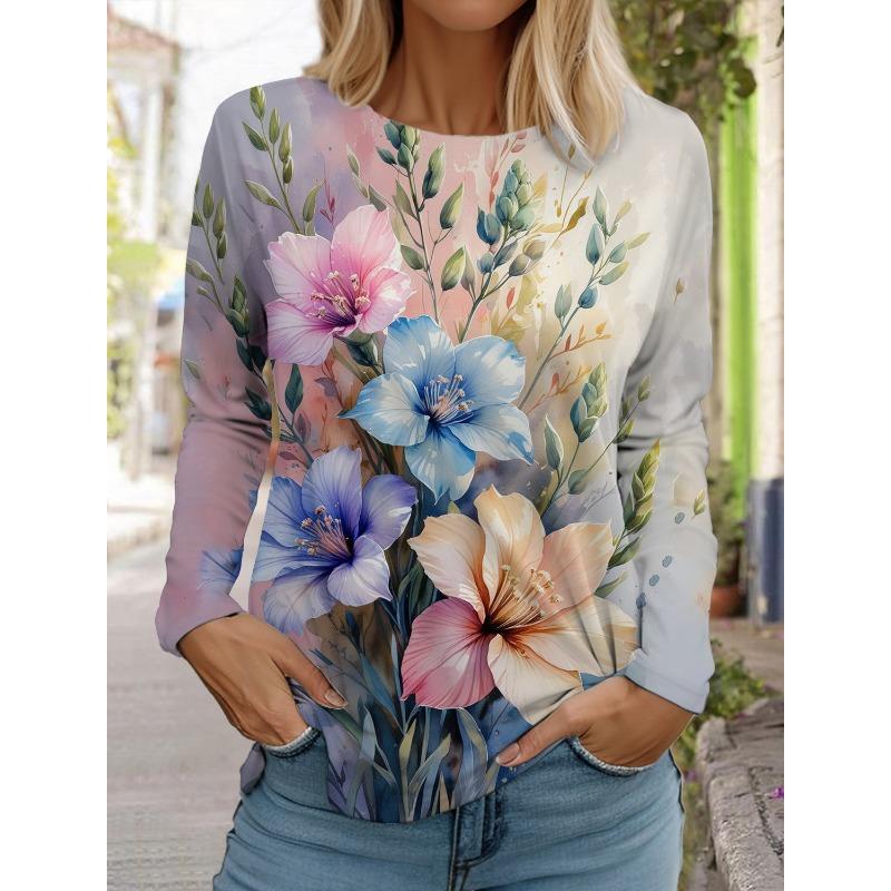 Women's 3d printed flower T-shirt fashion long-sleeved round neck regular tops holiday weekend blue spring and autumn wear