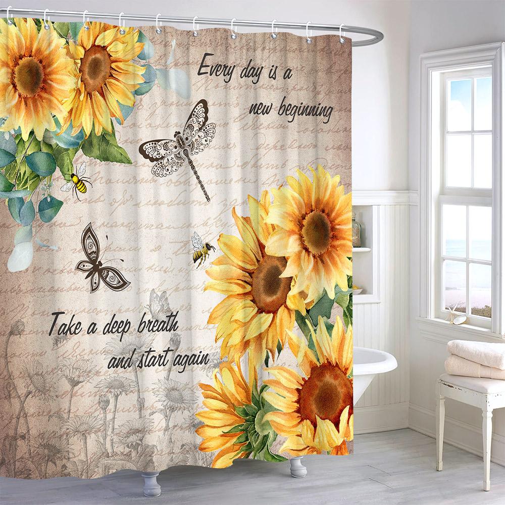 Rustic Sunflower Flower Butterfly Print Shower Curtain Vintage Floral Botanical Polyester Fabric Shower Curtains Bathroom Decor