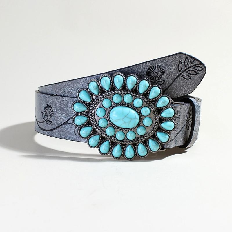 Ladies Wear The Classic Western Belt Embossed Pu Leather Bohemian Style Oval Turquoise Buckle Waist Band