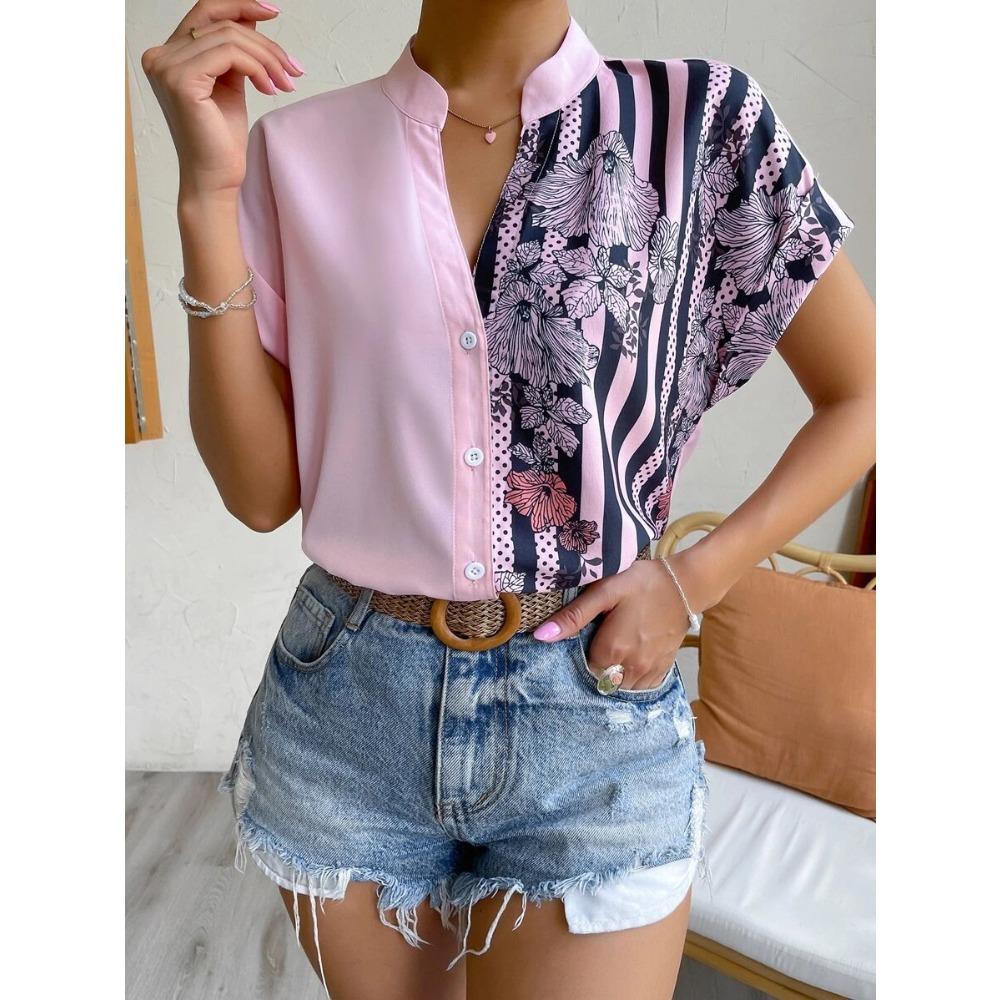 Elegante Mode Gestreifte Floral Bedruckte V-Ausschnitt Kurzarm Street Knopfleisten Hemden 2025 Sommer Lässiges Lockeres Oberteil Bluse Damen Blusas