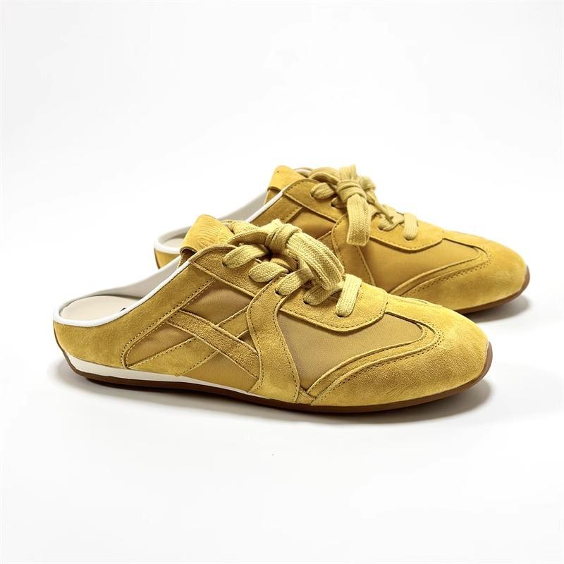 Korean version of German training half slippers for women's summer wear flat bottom color matching leather bag head half slippers without heel l