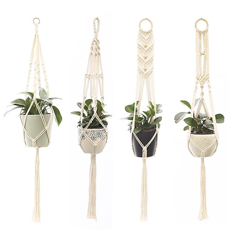 Hand-Knitted Cotton Macrame Plant Hanger with Wooden Beads (2-Pack)
