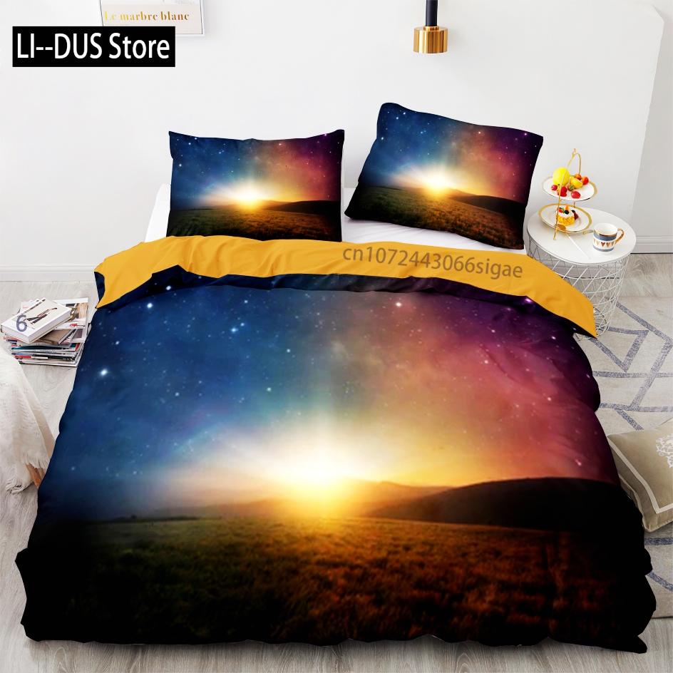New Space Galaxy Aurora Sunset Glow Bedding Set Single Twin Full Queen King Size Sky Stars Cloud Bed Set Aldult Kid Duvetcover 5