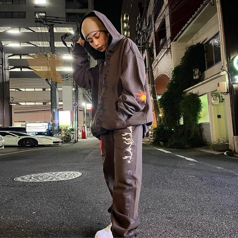 Cross-border American trendy brand Travis Scott Sun embroidery fleece hooded sweater men's and women's high street cardigan jacket