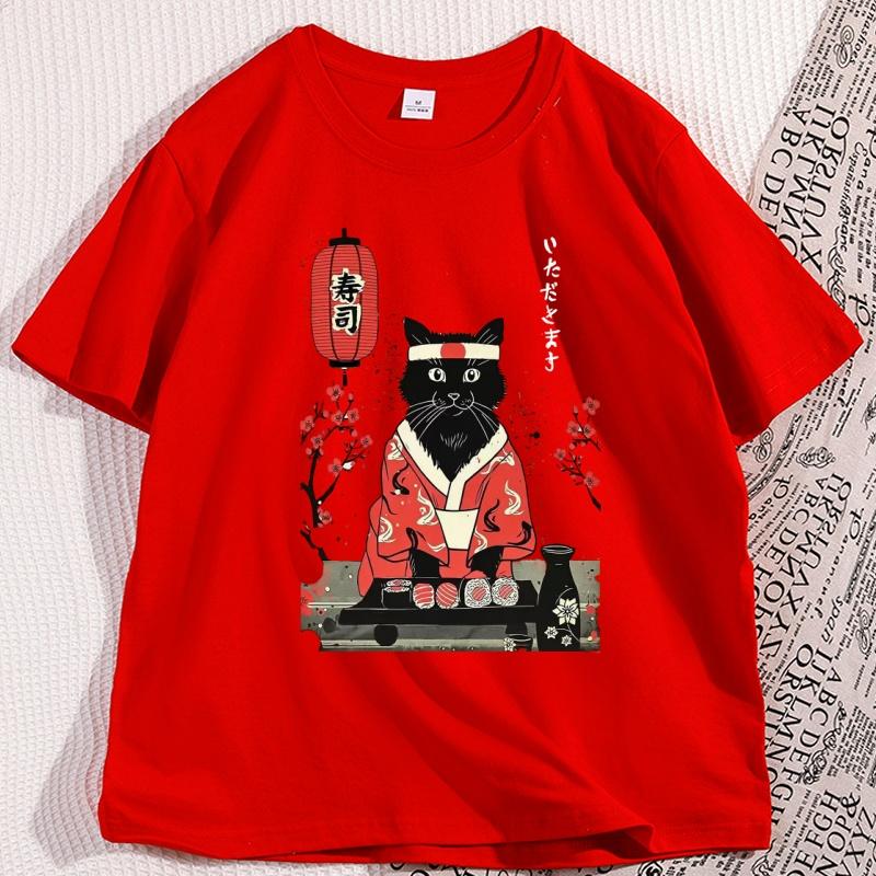 Japanese Sushi Cat Kitten Tshirt Men Women Manga Top Tee Retro Short Sleeve Oneck Cotton Tees Cat Printed Man Clothing Y2k
