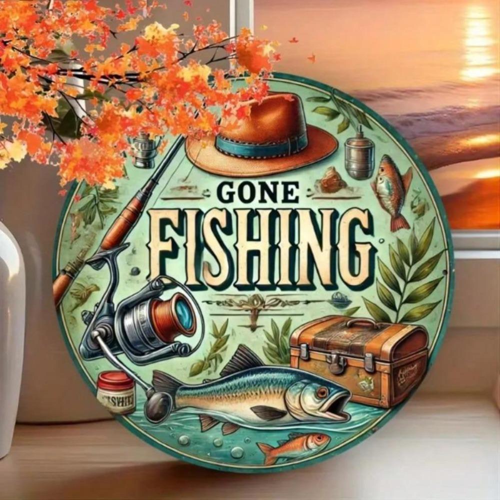 Metal Fishing Sign Rustic Round Wall Decor Waterproof Indoor Outdoor Home Office Bar
