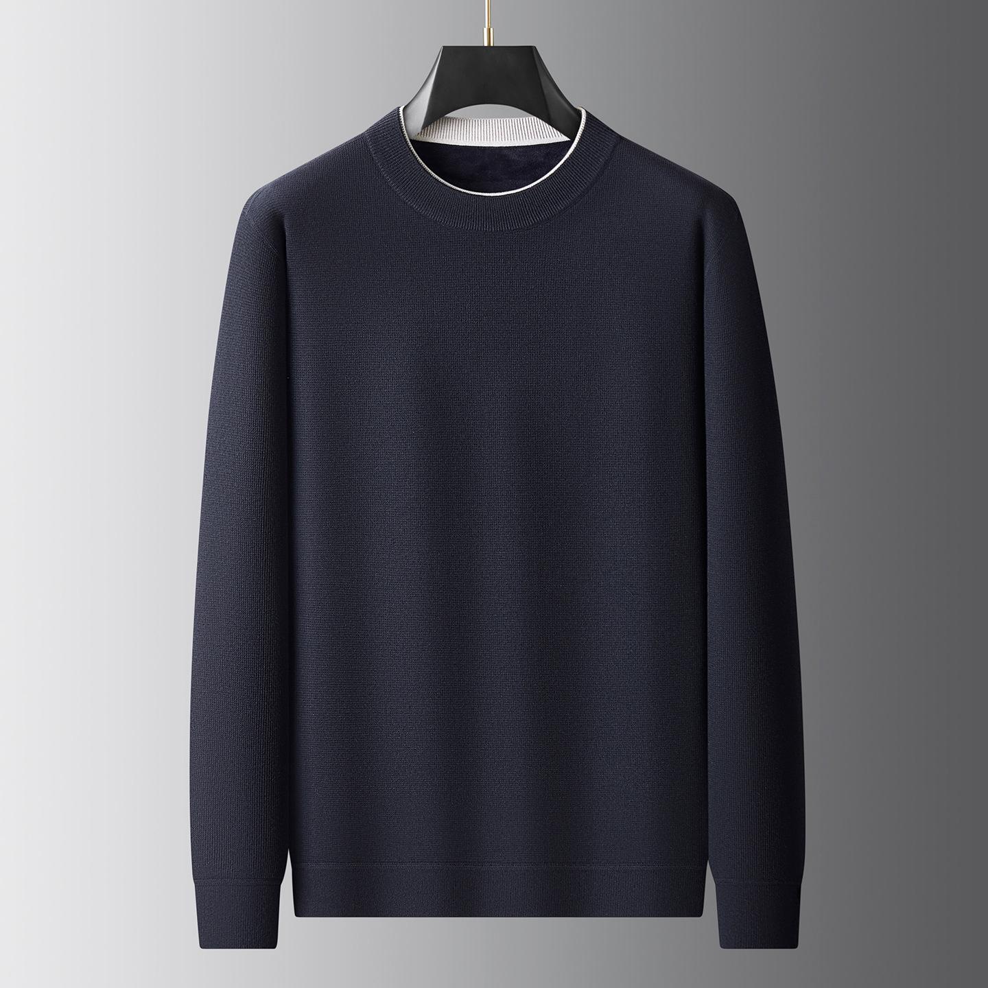 

Men s Fleece-Lined Round Neck Knit Sweater: Warm Plus Size Base Layer for 2025 Autumn/Winter 3XL темно-синього кольору