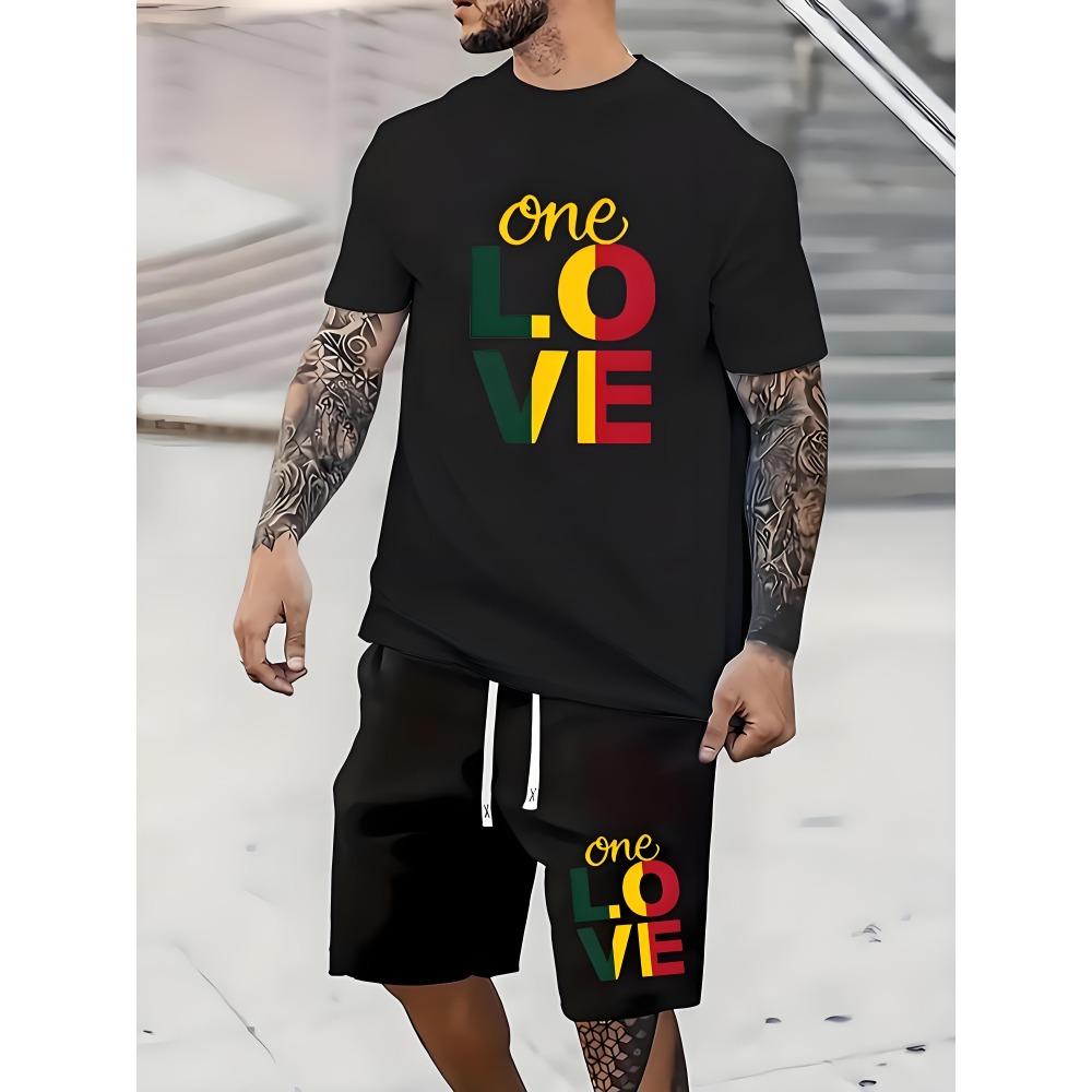 Fashion Colorful Love Graphic T-shirt Shorts Set Summer Sports Short Sleeve Shorts 2-piece Set Men's Quick Dry Sportswear Suit