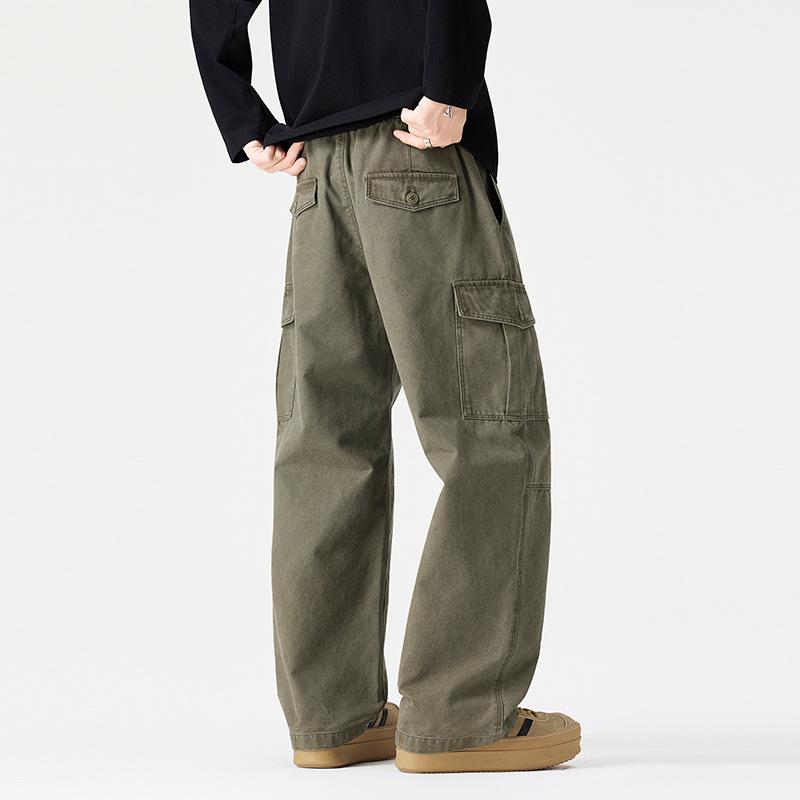 Tooling casual pants men's autumn and winter new pure cotton cloth loose wide-leg trousers fleece straight men's pants tide