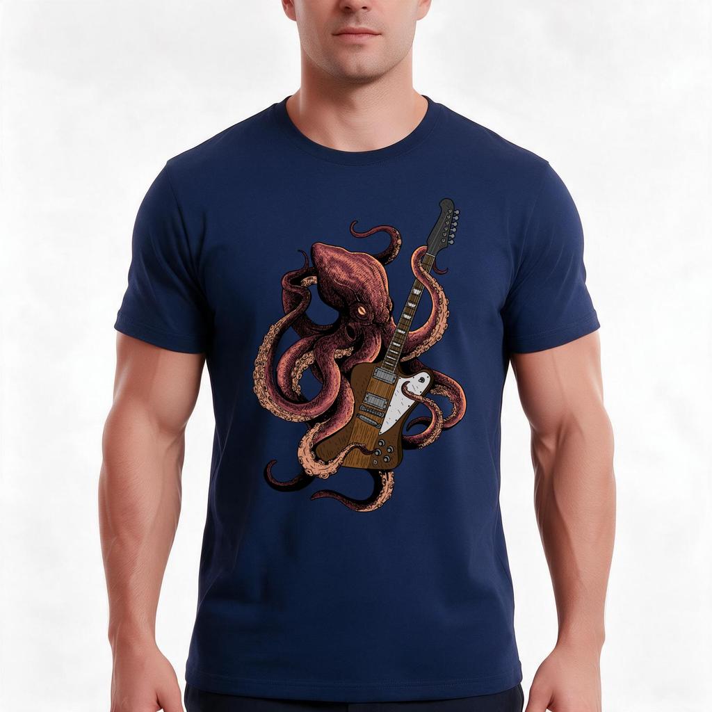 Octopus Playing Guitar Tshirt Summer Casual Cotton Tee Oversized Streetwear Tops Vintage Graphic Print Unisex Unisex Unisex
