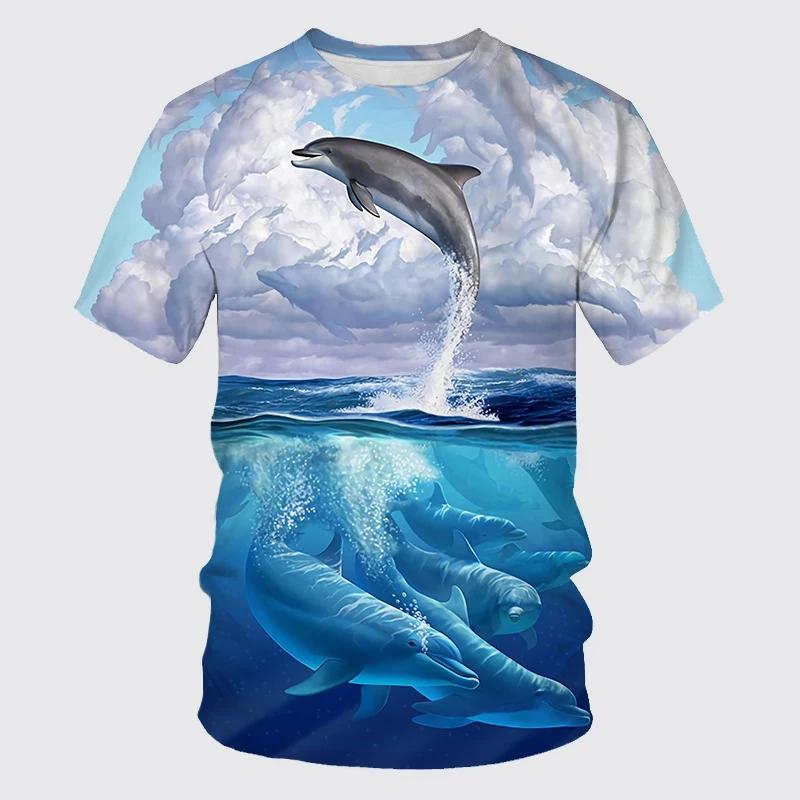 Summer New Cute Dolphin Pattern Men's Printed T-shirt Street Popular Harajuku Round Neck Plus Size Fashion Top Short Sleeve