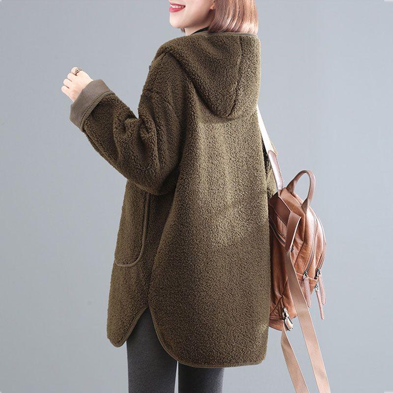 Women Thickening Splicing Together Outwear Korean Ladies Hooded Lamb Plush Jacket Winter Female Medium Long Styles Top Coat