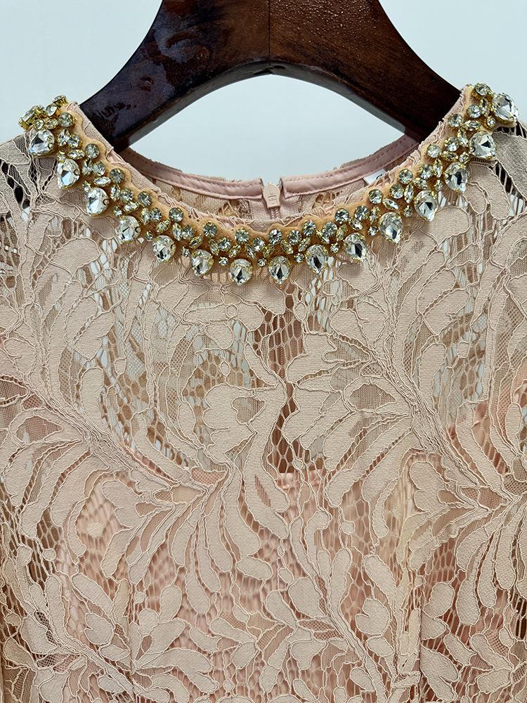 Spring/Summer 2025 European & American Star Fashion Beaded Diamond Long Sleeve Slim Lace Dress