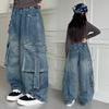 Girls' Retro Wide-Leg Cargo Jeans with Big Pockets - Distressed Loose Fit for Spring & Autumn