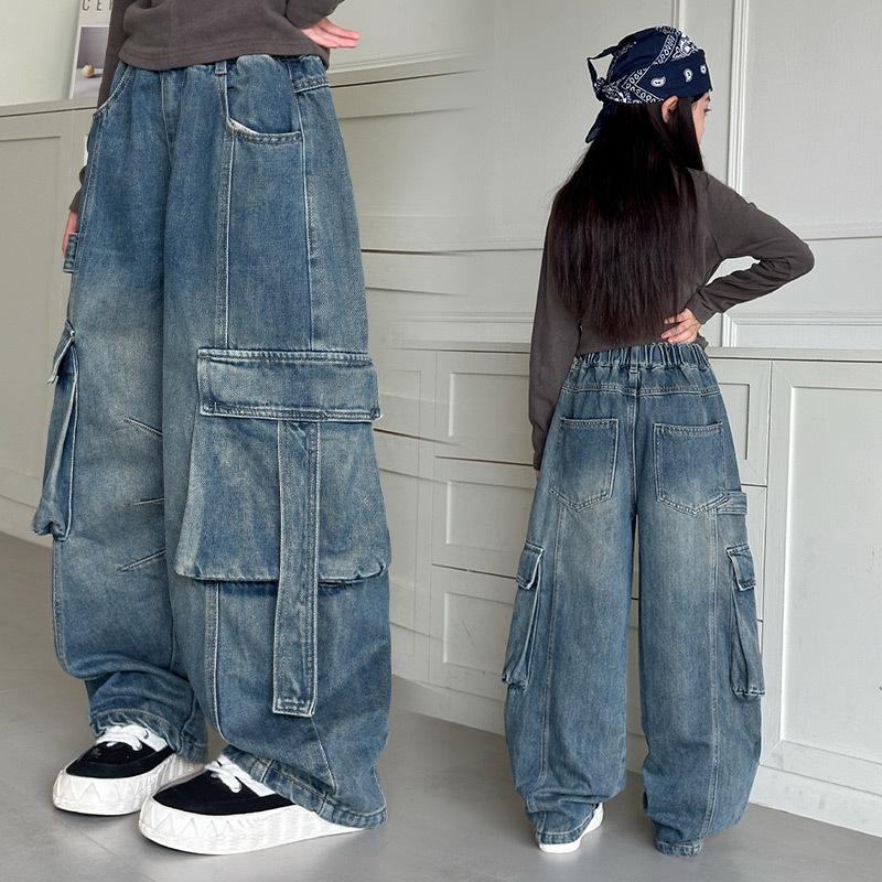 Girls' Retro Wide-Leg Cargo Jeans with Big Pockets - Distressed Loose Fit for Spring & Autumn