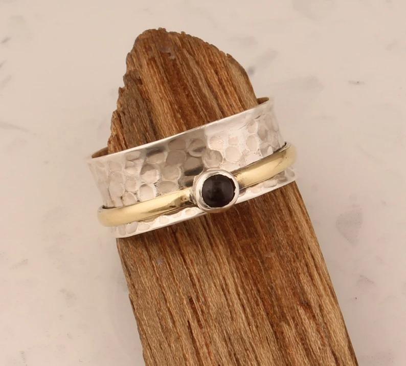 Black Onyx Spinner Band Ring, Two Tone Ring, Meditation Ring, Thumb Ring, Silver Jewelry, Designer Ring, Spinner Ring, Unisex Jewelry