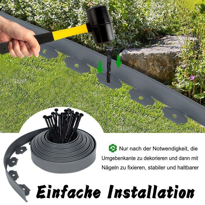 Bordure de pelouse plastique 10 m x 5 cm - noire, flexible + 30 piquets d'ancrage