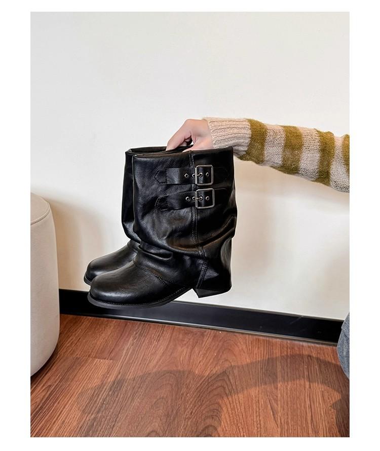 Pleated Pile Boots Women's 2025 New Black Maillard Medium Boots Women's Leather Western Boots Locomotive Martin Boots