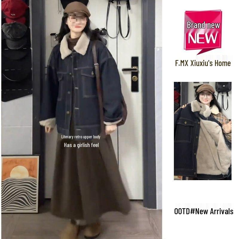 

Women s Winter Lambswool & Velvet Denim Jacket - Thick, Loose, Versatile Casual Top S (40-52.5kg)