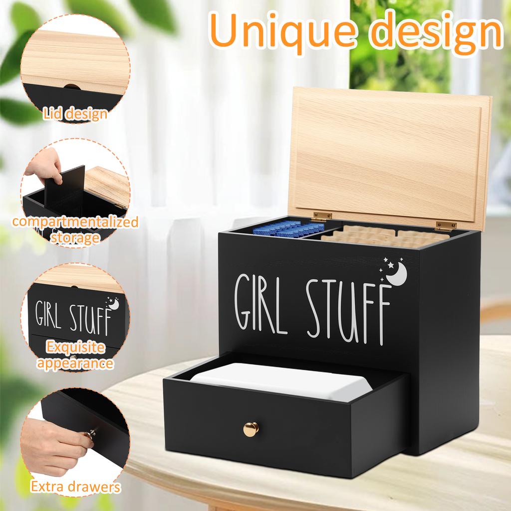 Tamponhalter aus Holz mit Schublade und Deckel Badezimmer Tampon Aufbewahrungsbox Große Kapazität Staubdicht Damenhygieneartikel Organizer