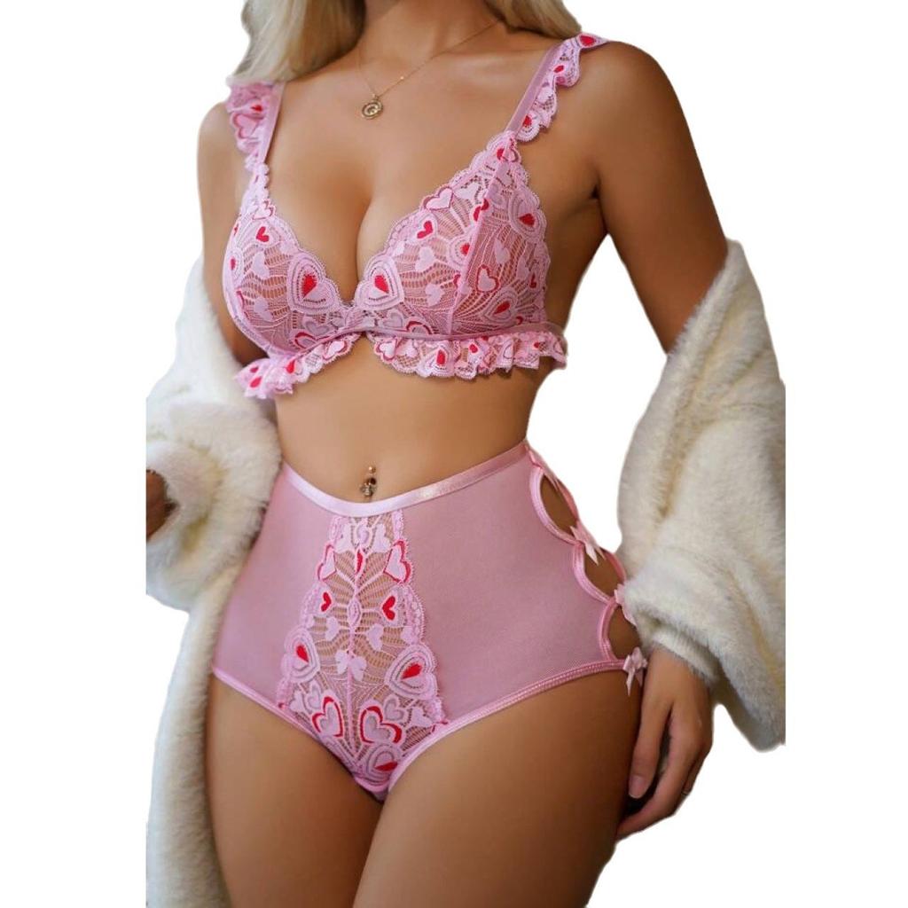 European and American new sexy suspender mesh perspective love lace hollow sexy underwear set