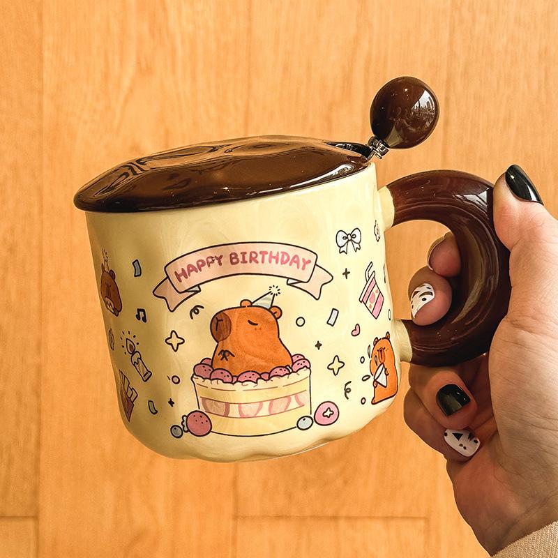Cute Cartoon Ceramic Mug with Lid for Girls, Girlfriends, Birthday Gifts, Children's Gifts, Practical Cups, Gift Box.