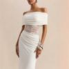 Womens Ruched Strapless Off-Shoulder Long Dress With Lace Cutout Panel Slim Fit Maxi Vacation Beach