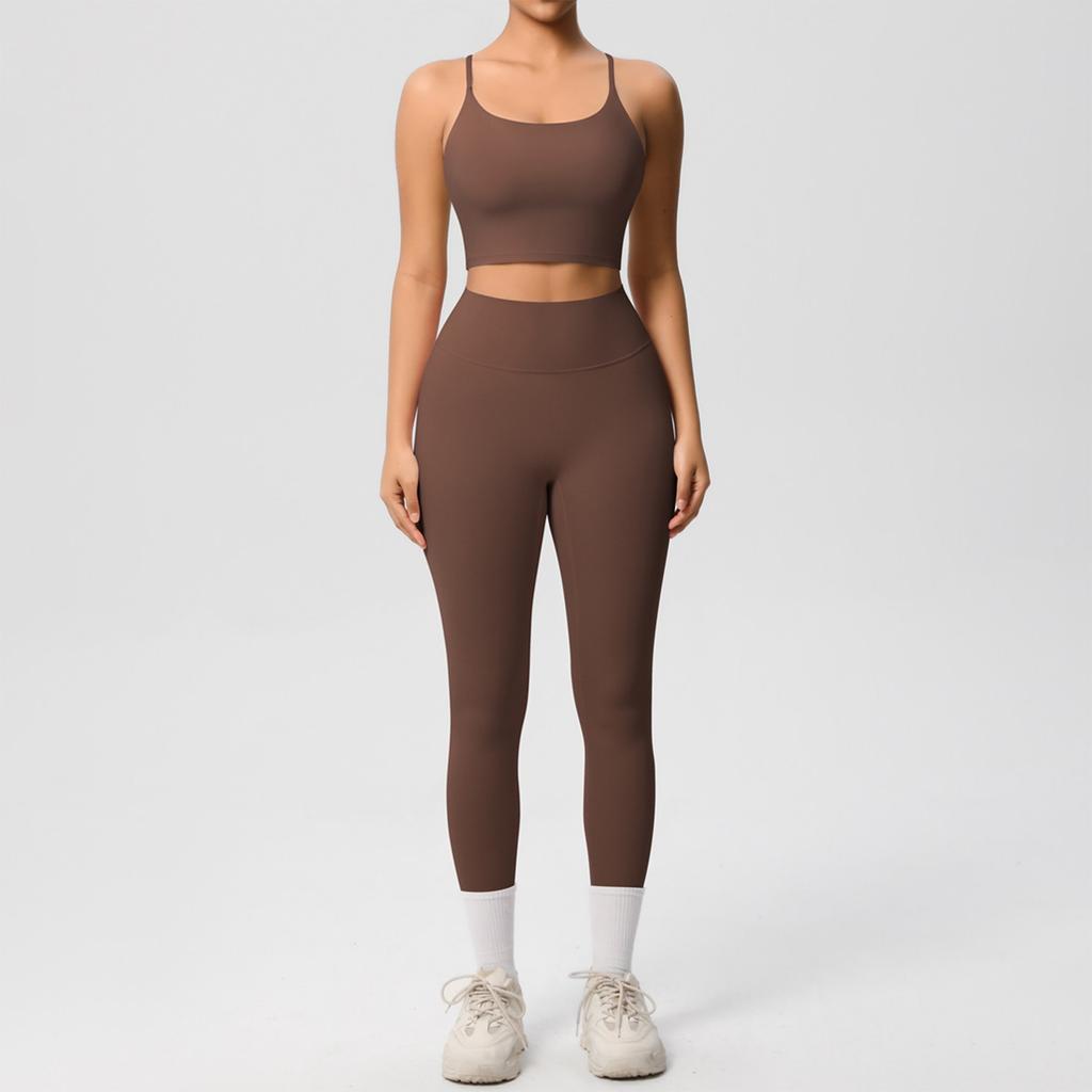 Women's Fashion Solid Color Back Top Tight Breathable Yoga Suit Set Sports Running Fitness Pants Two Piece Set