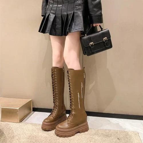 Móda Dámské silné podpatky Motocyklové vysoké boty Nové zimní 11CM robustní jezdecké boty PU kůže Rytířské boty Dámské zipové vysoké boty po koleno Botas