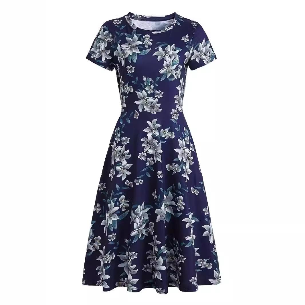 

В наличии: Новое европейское и американское платье-свинг с коротким рукавом и принтом для женской летней моды XL темно-синий