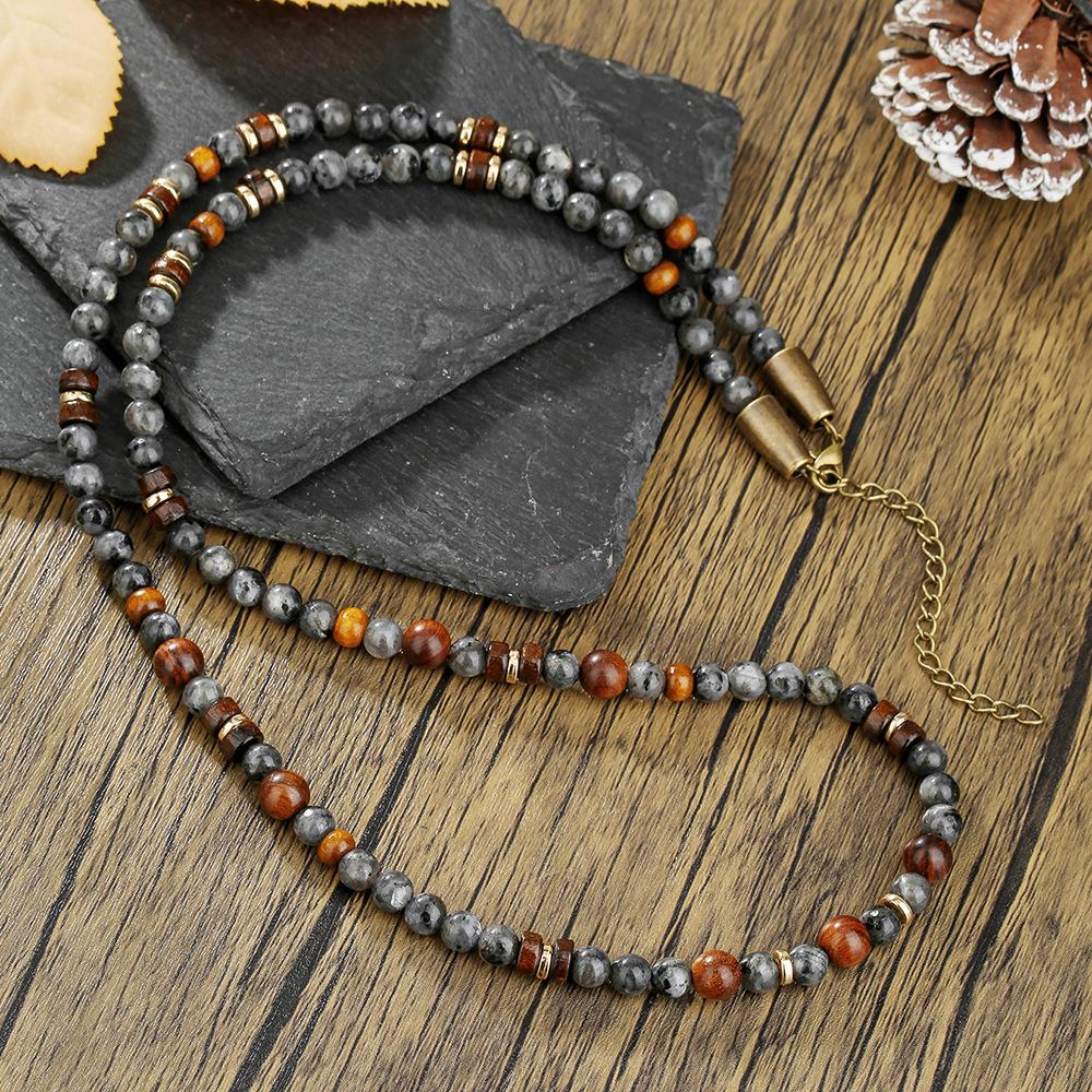 

1PC Man s Vintage Bohemia Natural Flash Stone Long Beaded Necklace for Men Tribal Boho Long Wooden Beads Necklace Men Jewelry