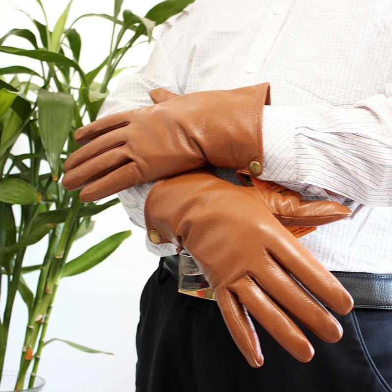 Goatskin Deerskin Gloves Men's Autumn Thin Wool Winter Plus Cashmere Cold and Warm Yellow-Brown Finger Leather Gloves