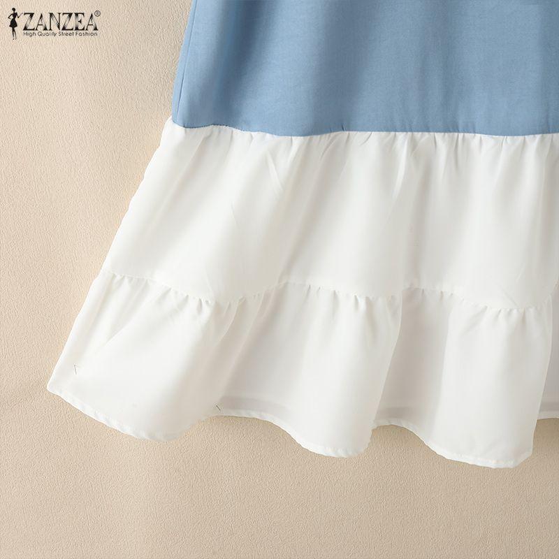 ZANZEA Women Casual Round Neck Loose Short Sleeve Splice Dress