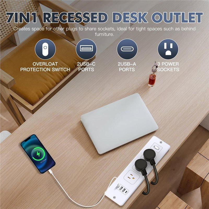 BAAJ-US Plug Recessed Power Strip With 2 USB-C 2 USB-A Ports- Flush Mount Desk Outlet For Furniture Charging Station A