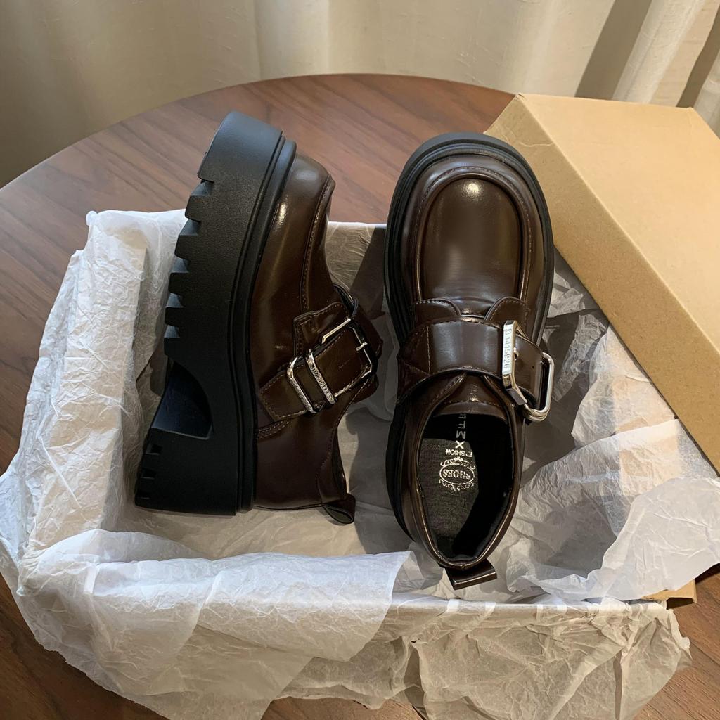 Muffin Platform Small Leather Shoes Women's 2025 Autumn New Retro British Style Versatile Height Increase with Skirt Loafer Single Shoes